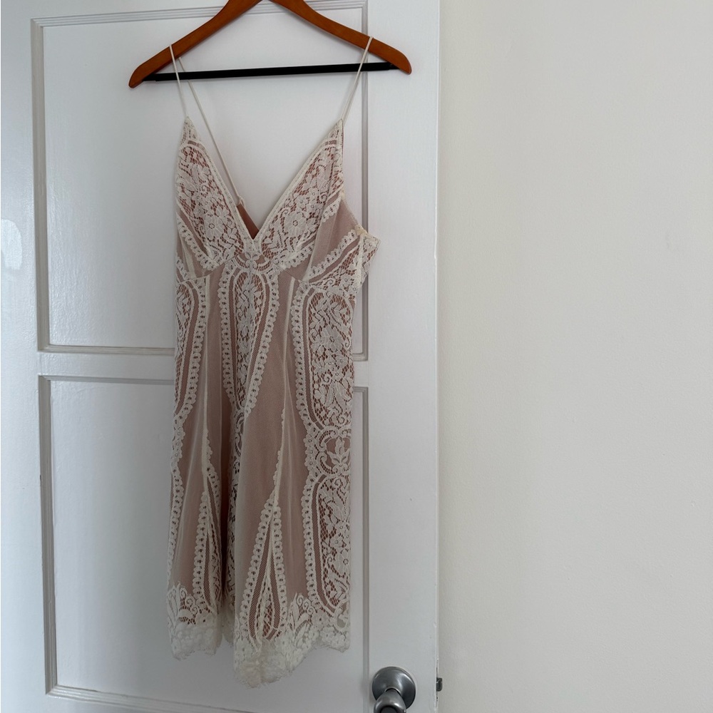 Beige Lace Slip Dress with Ivory Trim